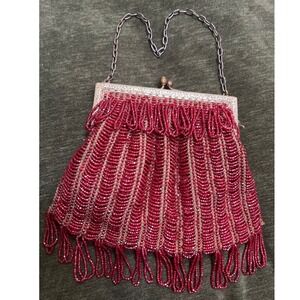 Antique 1920s Red Micro Beaded Fringe Purse Art Deco Floral Brass Frame Flapper